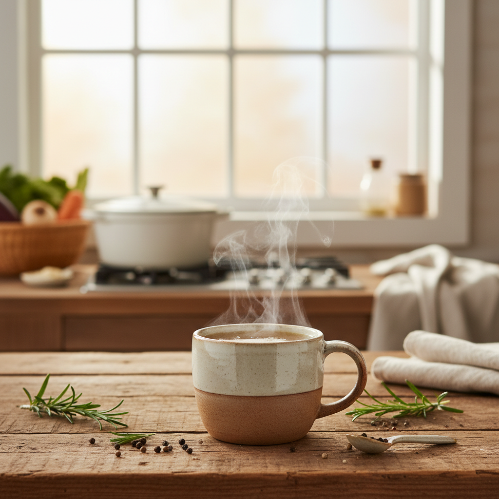 Taza de caldo de huesos dorado humeante