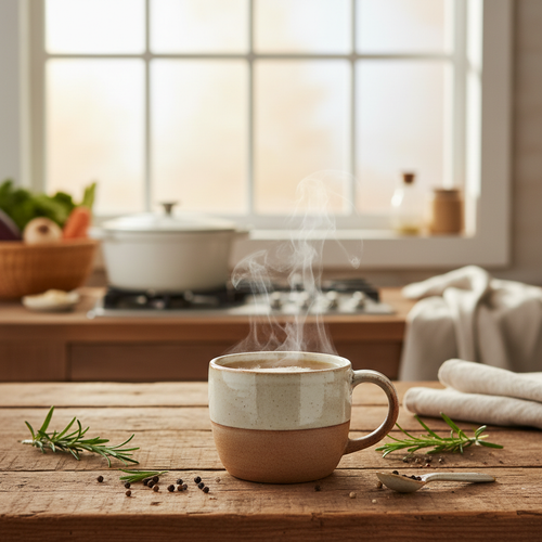 Taza de caldo de huesos dorado humeante